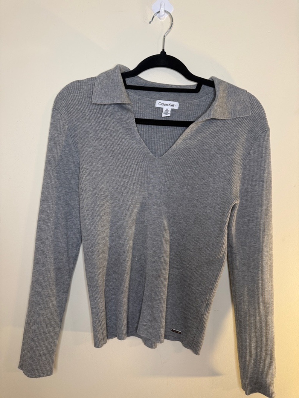 Calvin Klein Light Gray Ribbed V-Neck Polo Sweater